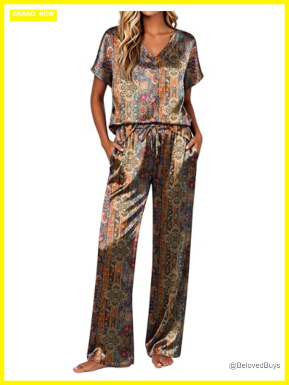Ekouaer Women Satin Pajama Set Short Sleeve V-Neck Loungewear Sleep